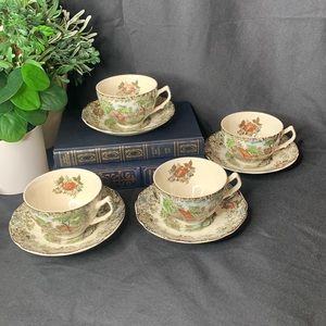 Set of 4 vintage Johnson Bro MILL STREAM multicolor tea / coffee cups & saucers